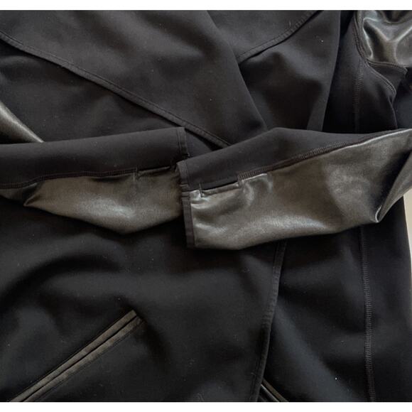 Spanx Drape Front Jacket Women Medium Black Ponte Knit Faux Leather Pockets Edgy - Picture 8 of 10